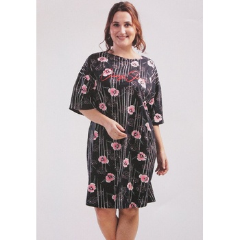 Макси нощница в тъмносиньо с розови цветя и надпис