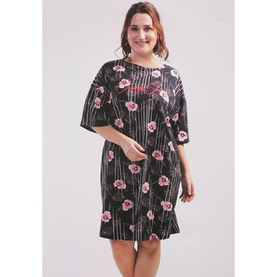 Макси нощница в тъмносиньо с розови цветя и надпис