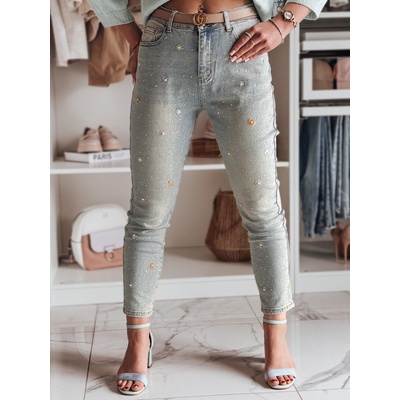 Basic dámské skinny džíny zdobené jemnými perličkami a květinami perlaon uy2477 Světle modré