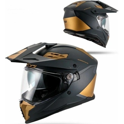 UFO helma COSMOS OFFROAD / DUAL / TOURER / CROSSOVER se štítem, kšiltem a sluneční clonou barva černá/zlatá velikost XS ( ECE 22R06 ) - kolekce 2026
