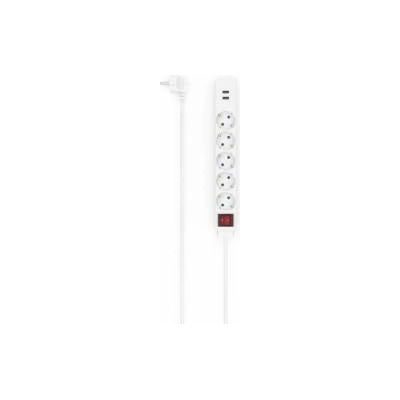 Hama Разклонител HAMA USB 3.4A, 5 гнезда, 2x USB, 3400mA, 1.4м, 3680W, Бял
