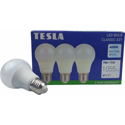 Tesla LED žiarovka BULB E27, 9 W, 230 V, 1055 lm, 25000 h, 4000 K denná biela, 220 st. 3 ks v balení BL270940-3PACK