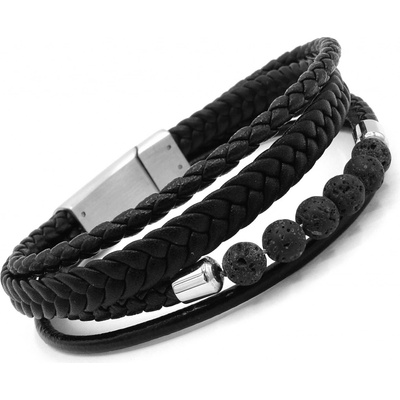 Steel Jewelry pánský černý kožený náramek s kombinací chirurgické oceli NR231027