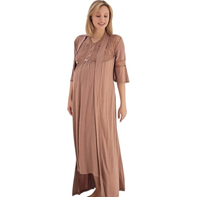 Млечно кафяв комплект за бременни халат и нощница с дантела