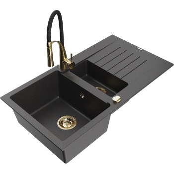Mexen Matias гранитна мивка с 1, 5 камери с отцедник и кухненски смесител Aster, черна петна - 6502-76-73450-57-G (6502-76-73450-57-G)