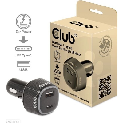 Club 3D Auto nabíječka pro Notebooky 63W, 2 porty CAC-1922 (USB-A + USB-C)