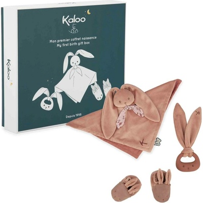 Kaloo darčeková sada pre bábätko s hrkálkou hryzátkom a capačkami terracotta Lapinoo