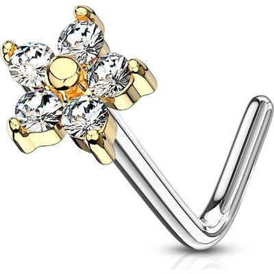 Šperky4U zlacený zahnutý piercing do nosu čiré kamínky N0083-GDC