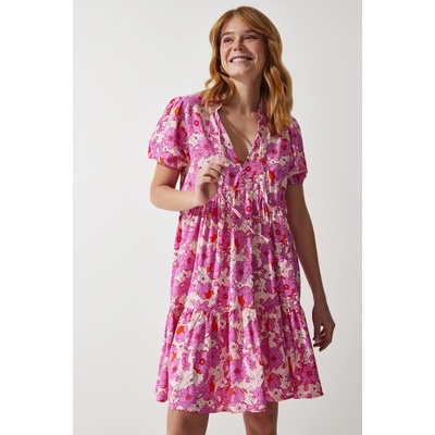 Happiness İstanbul Women's Pink Floral Summer Viscose Flared Dress tmavě červená 8684347092618
