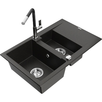 Mexen Gaspar мивка от гранит с 1, 5 камера с отцедник и кухненски смесител Flora, черен/златен металик - 6507-75-670401-07 (6507-75-670401-07)