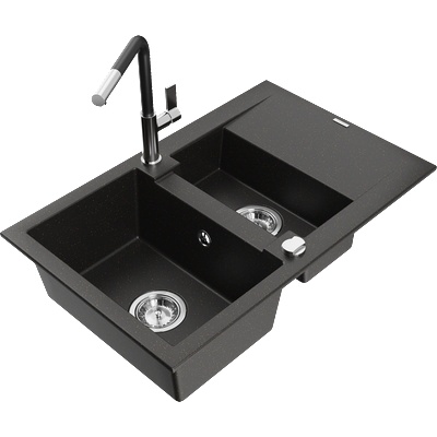 Mexen Gaspar мивка от гранит с 1, 5 камера с отцедник и кухненски смесител Flora, черен/златен металик - 6507-75-670401-07 (6507-75-670401-07)