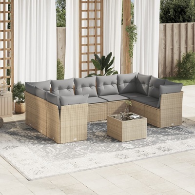 vidaXL Градински диван с възглавници, 10 части, бежов полиратан (3218139)