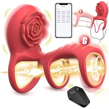 SuperLove Rose Triple Vibrating Cock Ring with Clitoral & G-Spot Stimulation & Remote Red