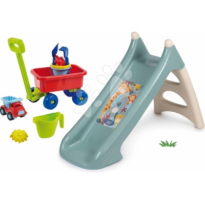 Smoby Set šmykľavka s vlhčením a vozík na ťahanie s vedro setom XS Slide Little dĺžka šmyku 90 cm