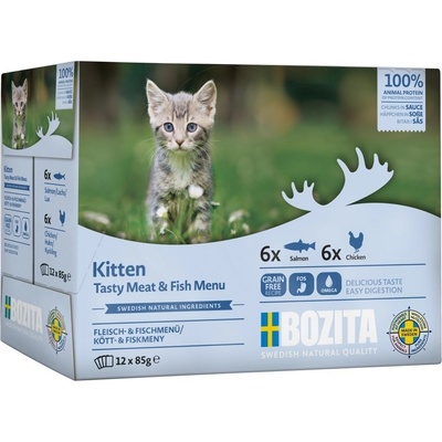 Bozita Kitten kousky kuřete a lososa v omáčce 12 x 85 g