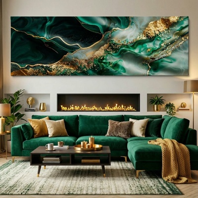 Obraz na plátně - Emeraldové pozlacené vlnky FeelHappy.cz Velikost obrazu (šířka x výška): 120 x 40 cm