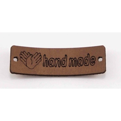 Našívacia kožená štítok Handmade - hnedá - rozmer 3,5 x 1 cm