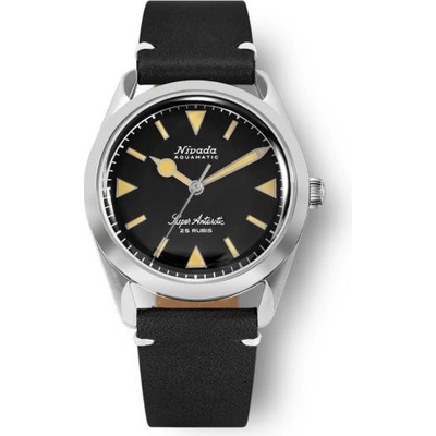 Nivada Grenchen Super Antarctic 32024A - Black Leather White Stitching
