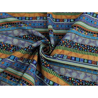 Bavlněná látka / plátno se zlatým potiskem - africký, etnický styl Varianta: 2 tyrkys, Balení: 1 m