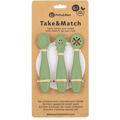 PETITE&MARS Set 3 ks silikónových tréningových lyžičiek Take&Match Sweet Pea 6m+