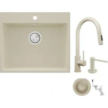 Твоят Стил Бежова кухненска гранитна мивка Рига 60, Смесител 9010, Сифон, Дозатор