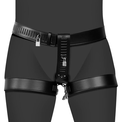 Ouch! PU Leather Female Chastity Belt with Leg Restraint Black