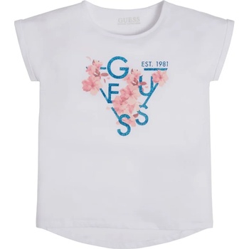 Image 1 of GUESS Асиметрична тениска с къс ръкав в бяло за момиче с цветя и надпис Guess