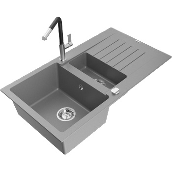 Mexen Matias Гранитна мивка 1, 5-коморна с отцедник и кухненски смесител Flora, сива - 6502-71-670401-07 (6502-71-670401-07)