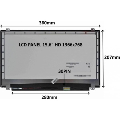 LCD PANEL 15,6" HD 1366x768 30PIN LESKLÝ / ÚCHYTY NAHOŘE A DOLE