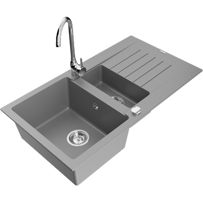 Matias гранитна мивка 1, 5-камерна с отцедник и кухненски смесител Telma, сив - 6502-71-670200-00 (6502-71-670200-00)