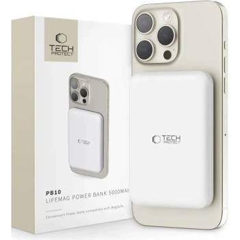 Tech-Protect Преносима батерия Tech-Protect LifeMag PB10, MagSafe, 5000mAh, 15W, USB-C, бяла + USB-C кабел