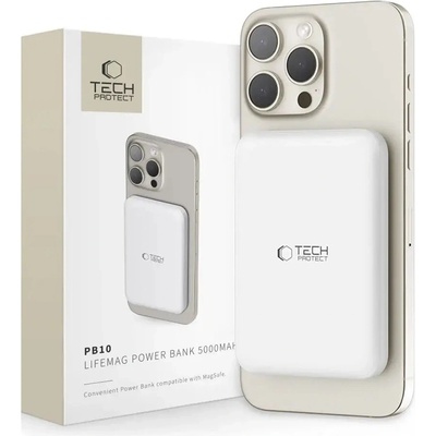 Tech-Protect Преносима батерия Tech-Protect LifeMag PB10, MagSafe, 5000mAh, 15W, USB-C, бяла + USB-C кабел