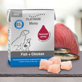PLATINUM Мокра храна за кучета Platinum Menu Adult Fish + Chicken с 57% Прясно Пилешко месо, 26% Риба и зеленчуци, 90 gr