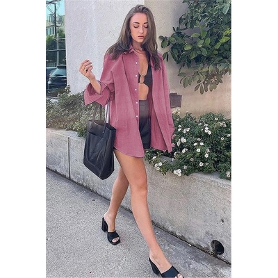 Madmext Дамска ленена Oversize риза MG1369 - Тъмнорозова #327816 (327816_Розов)