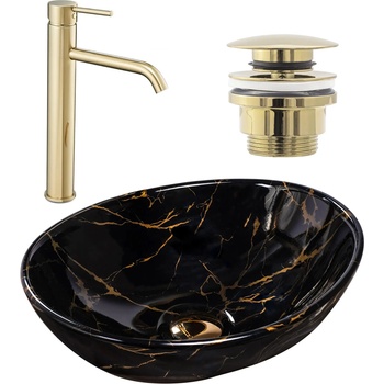 Image 1 of Rea Комплект Умивалник за плот Sofia marble black + Смесител за баня Lungo gold + Изпускателен клапан gold (KPL-09994)
