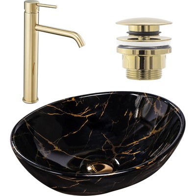 Rea Комплект Умивалник за плот Sofia marble black + Смесител за баня Lungo gold + Изпускателен клапан gold (KPL-09994)