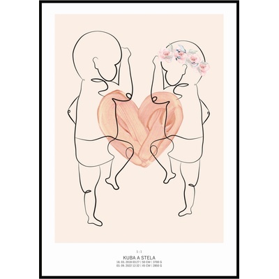 Jen tak z lásky Plakát Miminko v životní velikosti 50 x 70 cm Barva pozadí: Béžová, Varianta: Jedním tahem - modern se srdíčkem - sourozenci