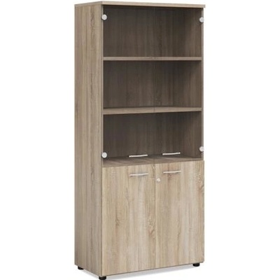 Economy Policová skriňa BASIC, kombinovaná so sklom, so zámkom, 80x40x182,1cm, dub Somona