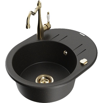 Mexen Kevin гранитна мивка с 1 отделение и отцедник и кухненски смесител Carla, черно/златен металик - 6517-75-670700-50 (6517-75-670700-50)