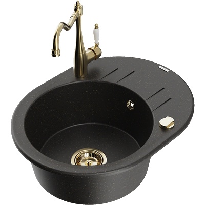 Mexen Kevin гранитна мивка с 1 отделение и отцедник и кухненски смесител Carla, черно/златен металик - 6517-75-670700-50 (6517-75-670700-50)