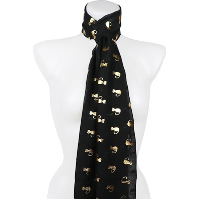 Biju dámsky ľahký obdĺžnikový šál 345-1 so zlatou potlačou mačiek čiernej 7200627-9