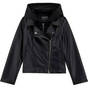 GUESS Кожено яке в черно за момиче с асиметричен цип и качулка Guess