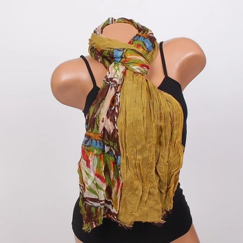 Image 1 of Дамски шал в цвят горчица и кафяво с шарен принт