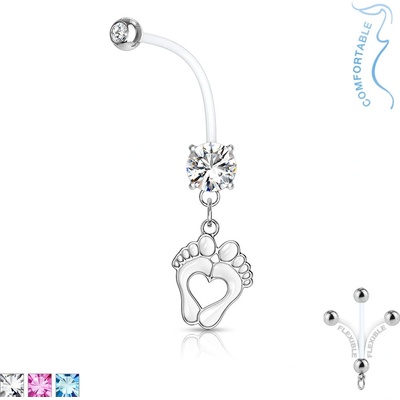 Šperky Eshop ocelový piercing do bříška pro těhotné ženy bioflex zirkon otisky nohou O15.05 Aqua modrá Q