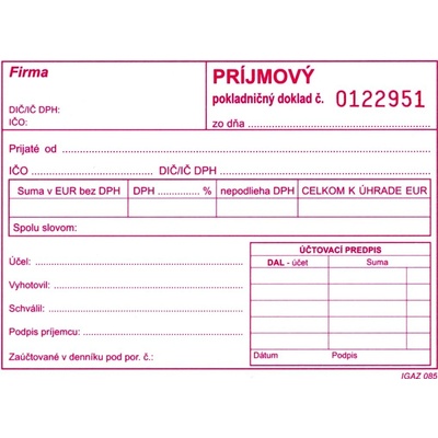 Igaz 310 Príjmový pokladničný doklad samoprepis číslov.