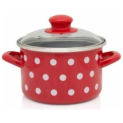 Metalac smaltovaný Hrniec s pokrievkou 14 cm - 1,5L, ČERVENÉ BODKY - čierne vnútro