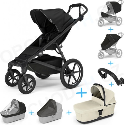Thule Set 7v1 Urban Glide 4-wheel Black 2024 + pláštenka + ochranná sieť + madlo + korbička Soft beige + pláštenka+ochranná sieť