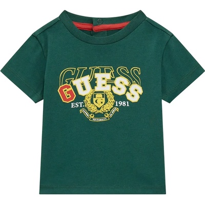 GUESS Зелена тениска за бебе момче с надпис Guess в червено, бяло и жълто