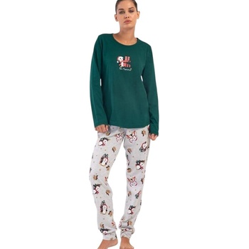 Дамска коледна пижама в зелено и сиво с пингвинче