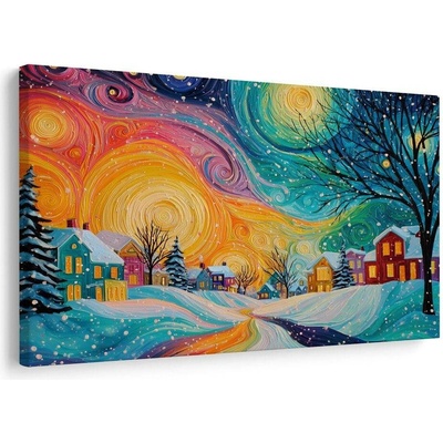 Vánoční obraz zimní pohádka zasněžené vesnice - 60x40